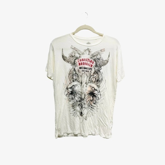 Christian Audigier Cream Bull Skull Wolf Embellished Graphic Tee - Picture 1 of 5